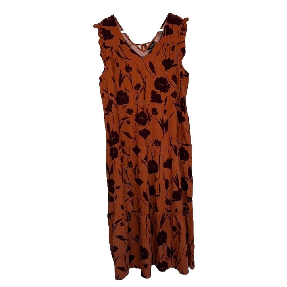 Simply Vera Women's Sz XL Tiered Maxi Dress Sleeveless Brown Black Floral Linen